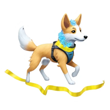  brindle fluffy lurcher fox running blue eyes fluffy ears and holographic harness wearing paper flower crown yellow caution tape neon sign sticker