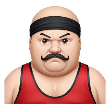 Extreme close-up of face of morbidly obese white skin guy with young face, prominent BLACK DURAG tied clearly on head, distinct black beard and mustache, black eyes in a red and black wrestling singlet with angry expression sticker