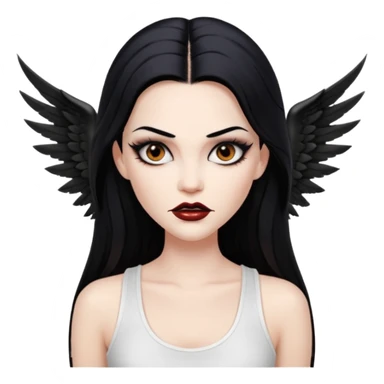 White woman with a white tank top long black hair glossy middle part long hair vamp look with fangs brown eyes eyeliner winged with lashes top and bottom white border big lips black eyebrows sticker