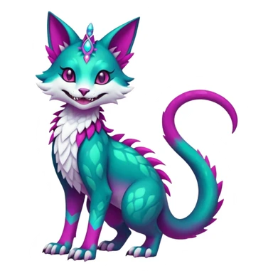 Kawaii colorful iridescent dark-turquoise-green and magenta and white beautiful pretty elegant divine edgy fantasy feline-vernid-sergal-Fakémon-Pokémon-fursona-animal-creature with accessories, full body, with intricate detailed markings sticker