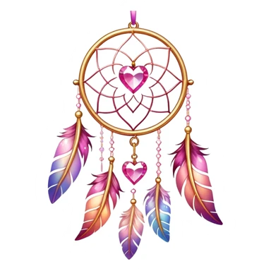 Reddish-pinkish and golden warm-colored romantic lush beautiful pretty hanging crystal-catcher aesthetic with hearts and sparkles and feathers sticker