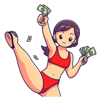 A girl in a red swimsuit shoots two guns with money into the air sticker