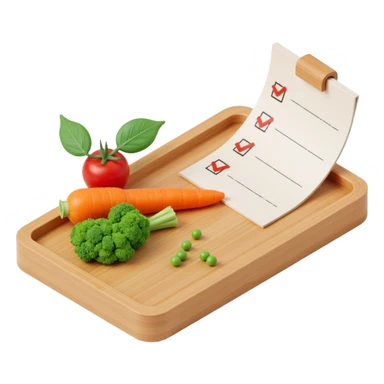 "3D isometric illustration of a wooden cutting board with fresh vegetables (carrot, broccoli, tomato, peas), a paper grocery list with checkboxes, soft lighting, realistic textures, floating shadows, minimalistic style, dark background, modern food planning app aesthetic sticker