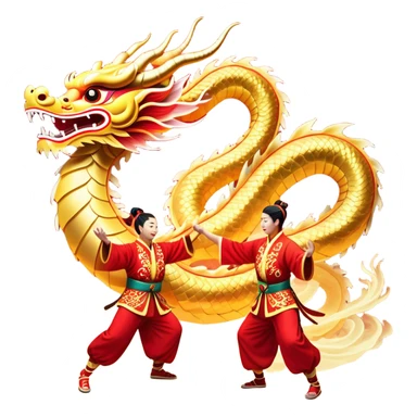 Cinematic Realistic scene of a Chinese Dragon Dance featuring performers energetically holding a vibrant dragon model aloft, with intricately detailed scales and dynamic flowing costumes, illuminated by festive red and gold lighting that captures the spirit of celebration. sticker