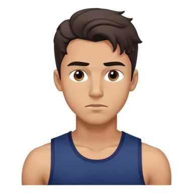Athletic young man with light brown skin, elongated face, defined jawline, medium dark eyes, arched eyebrows, straight nose, concentrated expression, medium wavy dark hair with messy style, wearing a navy blue tank top sticker