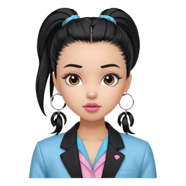 generate a pretty bratz girl wearing a light blue full sleeve shirt. silver small hoops, pink lipgloss, black blazer. black hair tied up in a ponytail sticker