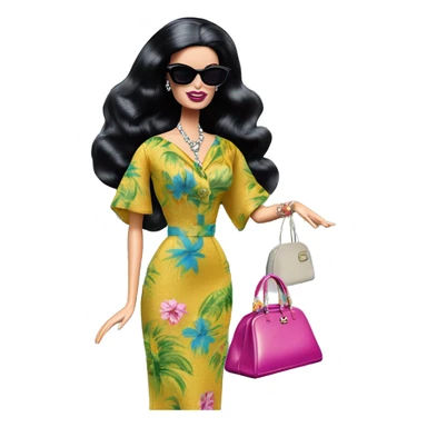 1960’s Palm Beach Breeze Barbie, teen Morticia Addams ,by the pool, white skin, full body visible, wavy hair,handbag, aloof,eyeshadow,earrings,open flowing floral caftan,small 2 piece, sunglasses on top of head, heels,walking Miss Thang sticker