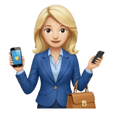 Confident and outgoing female entrepreneur, Caucasian features, medium-length wavy blonde hair, big friendly smile, expressive eyes, wearing a fitted blue blazer over a light blouse, holding a smartphone in one hand and a leather handbag in the other, waist-up, front-facing sticker