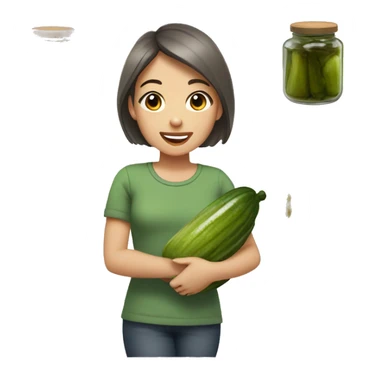 Smiling girl in kitchen, grey to brown short hair, green shirt holding a giant jar of pickles sticker