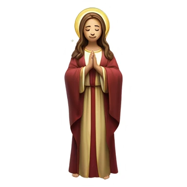 Virgin Mary: kind face looking down at the left, long brown hair, Wearing an emerald green  robe with gold stars and a burgundy red dress,  Hands in prayer or blessing. Halo around her head. standing on a crescent moon.  sticker