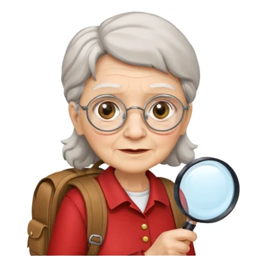 Explorer old woman with red shirt backpack and magnifying glass sticker