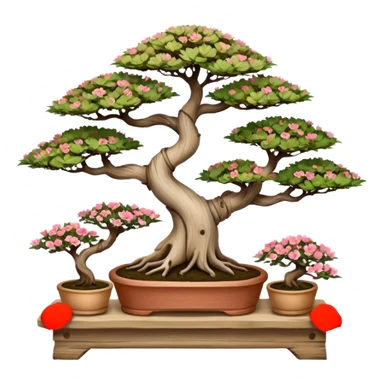 Wide Three tiered bonsai planters stand, shelving nine maple specimens and several smaller azaleas, frame made of one inch thick driftwood sticker