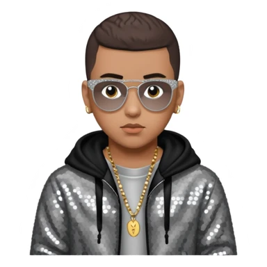 Bad Bunny, Puerto Rican Rapper with dark brown hair, gray sequin outfit sticker