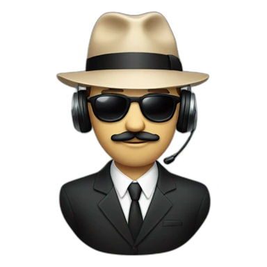 A man with a beige skin, a black suit, a tie, a fedora hat, headphones, black sunglasses and a mustache sticker