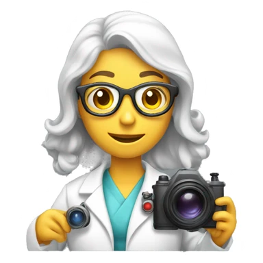 A pretty Scientist taking a photo with a big camera while wearing a lab coat sticker