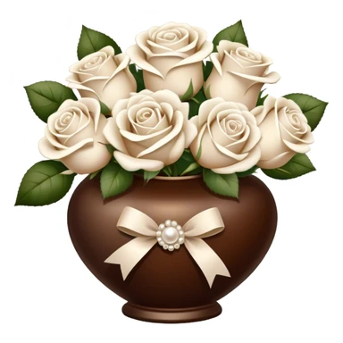 Ivory-colored love letter and a bouquet of white and pearl roses in a vintage-style brown vase sticker