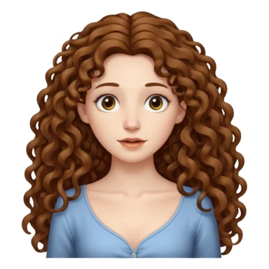 pale woman with brown curly very long hair, middle part. the hair is very long, waist length, but you can't see her waist sticker