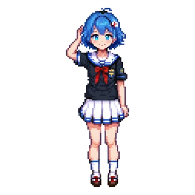 Pixel art anime girl with short bright blue hair wearing Japanese sailor style school uniform, trying to look confident with hand on hip but shyly waving with other hand, blushing cheeks and avoiding eye contact sticker