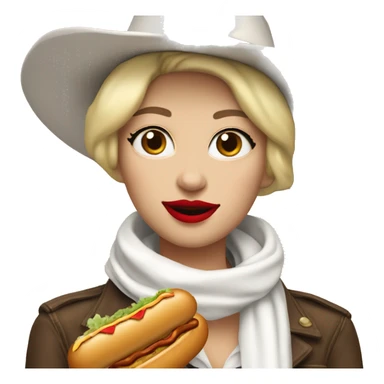 cowgirl with a white hat and white scarf and blonde short hair with red lipstick eating hotdog sticker