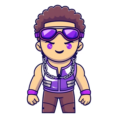 close-up of cool guy male athlete with white skin and moderately curly dark brown hair on top with shaved sides, with one purple ski goggle lens pushed up above his eyes on his forehead, sticking his tongue out of his mouth, wearing only a plain black chain necklace around his neck, and a completely unzipped sleeveless vest with purple and black sequin fire pattern design with no logo, clearly showing he is shirtless underneath with exposed chest and abs sticker