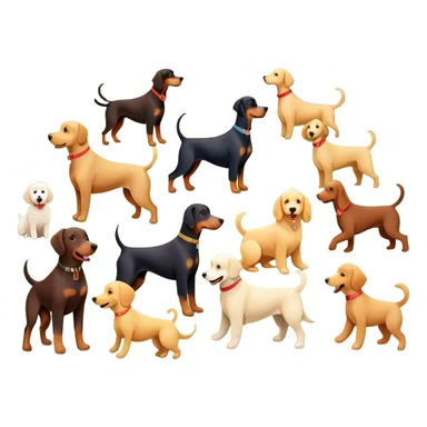 Collage of various dog breeds like Doberman, Poodle, Dachshund, and Golden Retriever, playing in a park with trees and grass. Some dogs run, others sit, all are full of energy and happiness. A joyful, colorful scene with playful expressions. Transparent background. sticker