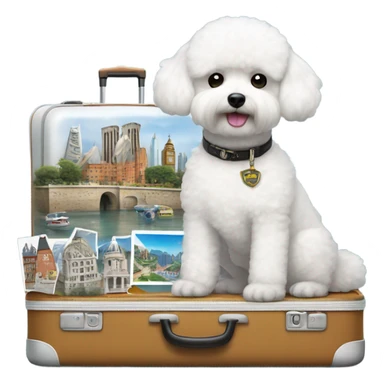 ABichon Frise standing next to a suitcase filled with iconic places stickers on the suitcase  sticker