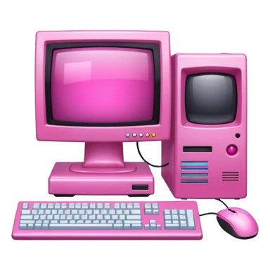 shiny pink transparent sparkly 90s computer with CRT monitor, keyboard, PC tower, mouse sticker