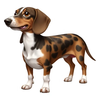 Brown and white spotted dachshund with a snaggle tooth sticker