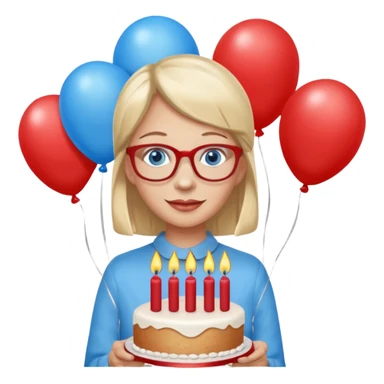 This person with blue eyes and red framed eyeglasses celebrating her 65 1/2 birthday with cake and candles, balloons, gifts sticker