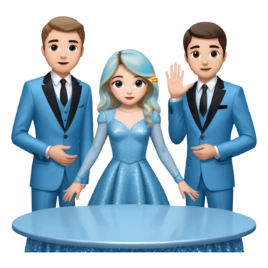 Sabrina carpenter in a light blue sparkly dress at a table with 3 handsome men, and she is standing up reaching over  sticker