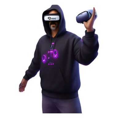 Big Lebowski wearing a black hoodie with "OMG" letters on it and VR headset oculus quest 2 in a cyberpunk VR environment with violet neon lighting. Showing direction with hand sticker