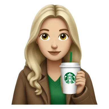 A white girl with brown and long hair, green eyes, with a beige coat, drink a starbucks coffe sticker
