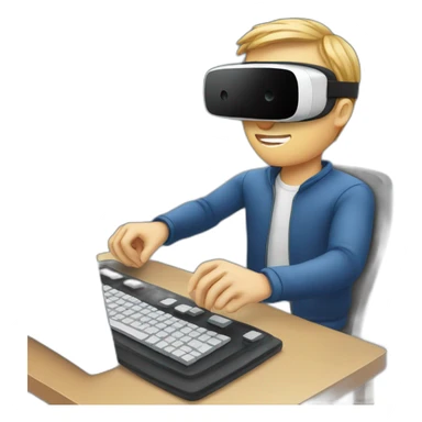 white guy wearing vr headset, typing on keyboard, eating microwave dinner sticker
