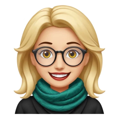 Emoji estilo WhatsApp de una mujer sonriente con rostro ovalado, piel clara, ojos grandes y oscuros, cejas gruesas arqueadas, gafas grandes redondeadas, rizos voluminosos oscuros, bufanda colorida y expresión tierna. Colores limpios, contornos suaves y fondo transparente. sticker