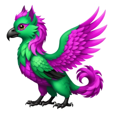 Emerald-green gryphon with a long tufted tail, black beak, magenta swirly pattern markings, black claws, black tail, majestic, realistic, furry (full body) sticker