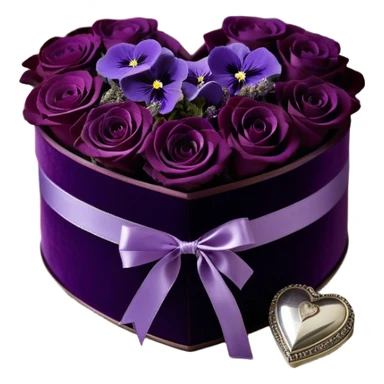 A vintage-inspired heart-shaped velvet box, wrapped with a rich plum silk ribbon, rests beside a delicate arrangement of soft purple roses, lavender sprigs, and dark amethyst pansies. Under the moonlight, tiny silver stars glimmer on the box’s lid, reflecting the romantic glow of an ornate candlestick standing nearby. sticker