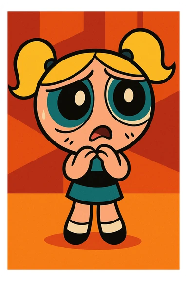 Powerpuff Girls character with a worried emotion, cartoon style, vibrant colors sticker