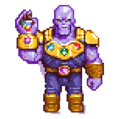 Thanos, pixel art style, simplified details, blocky shapes, Infinity Gauntlet with colored gems, retro video game look sticker