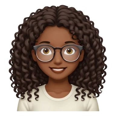 aesthetic white girl with dark brown, long curly hair, she wears an offwhite top and wears square glasses and her eyes are black sticker
