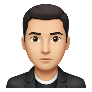 Attractive Hispanic TV host in his early 40s with light brown skin, short straight black hair slicked back with fade on sides, square handsome face with strong jawline, friendly approachable expression, wearing black jacket with white buttoned shirt underneath sticker