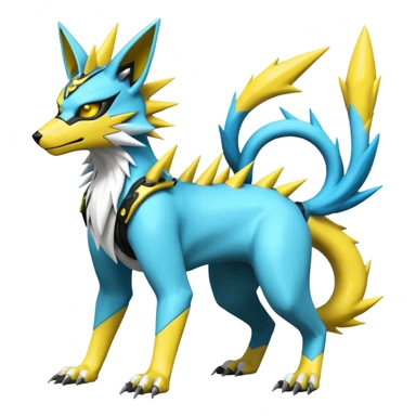 Shiny cyan yellow gothic edgy spiky white electric complex futuristic white-cyber-masked Zeraora-Renamon-Electrike-Umbreon-Lombax-Weregarurumon-fusion-creature (full body sticker