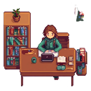 a student sitting at a desk with a laptop and books, learning online, pixel art style sticker