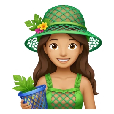 Hawaiian woman with leaf hat and big trash net and colorful cloth sticker