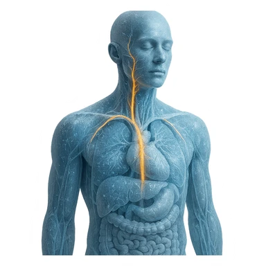 realistic human body with vagus nerve highlighted, anatomical details, vagus nerve path clearly visible, cold effect with ice crystals and blue light, transparency showing internal organs, neutral background sticker