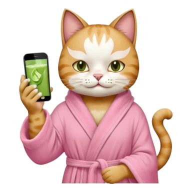 I want a CAT whit a iced macha on her paw and i want her to ne wearing a pink bath rope And she will have a  white face mask on her face and phone on the opisite paw whit the macha sticker