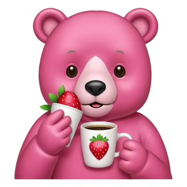A pink bear is holding a strawberry and drinking coffee with a transparent background in a teenager hand-drawn style. sticker