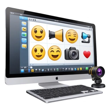 Create an emoji of video editing. Should feature a video editing timeline or interface on a computer screen, showing clips and a playhead. Include a video camera and editing tools. No any smiley faces in emoji. Make the background transparent. sticker