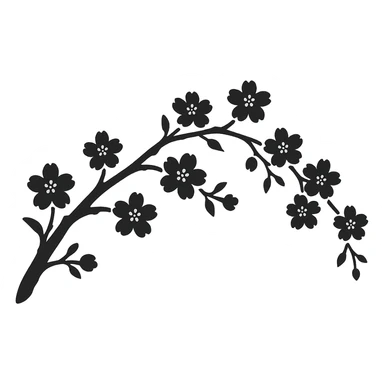 long curved sakura branch with solid fill, monochrome, eastern style, no background, for sign decoration, 1200x100px sticker