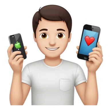 make a white guy with dark brown hair repairing an iphone happy, with a simple white o grey shirt sticker