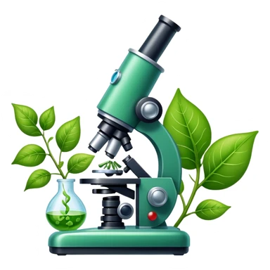 An icon featuring a DNA strand, a microscope with visible cells, and a green leaf, symbolizing biology. The design includes animal cells, plant structures, representing the study of living organisms and ecosystems. Transparent background highlights life sciences and biological research. sticker